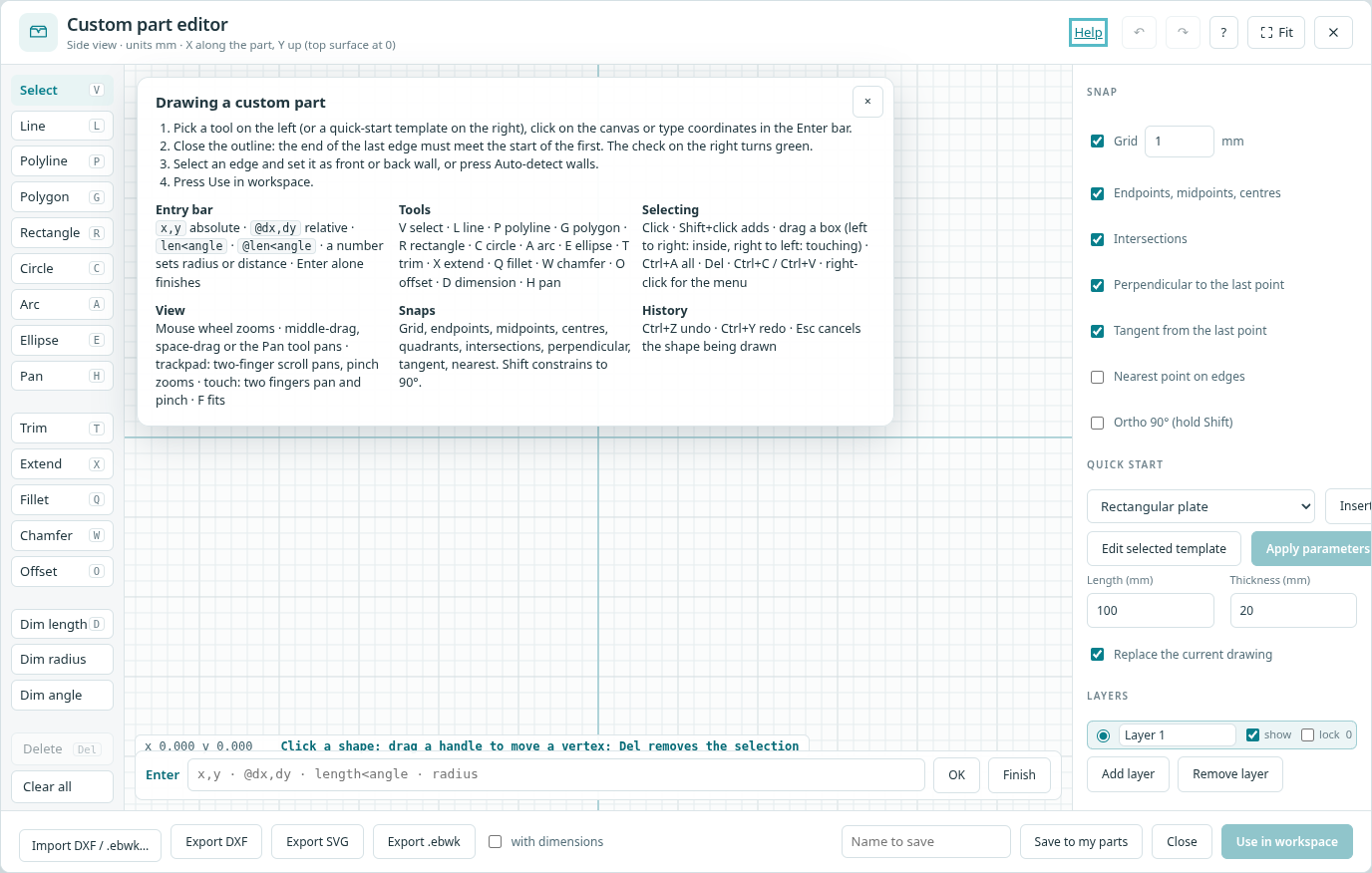 The Drawing editor basics dialog in the workbench