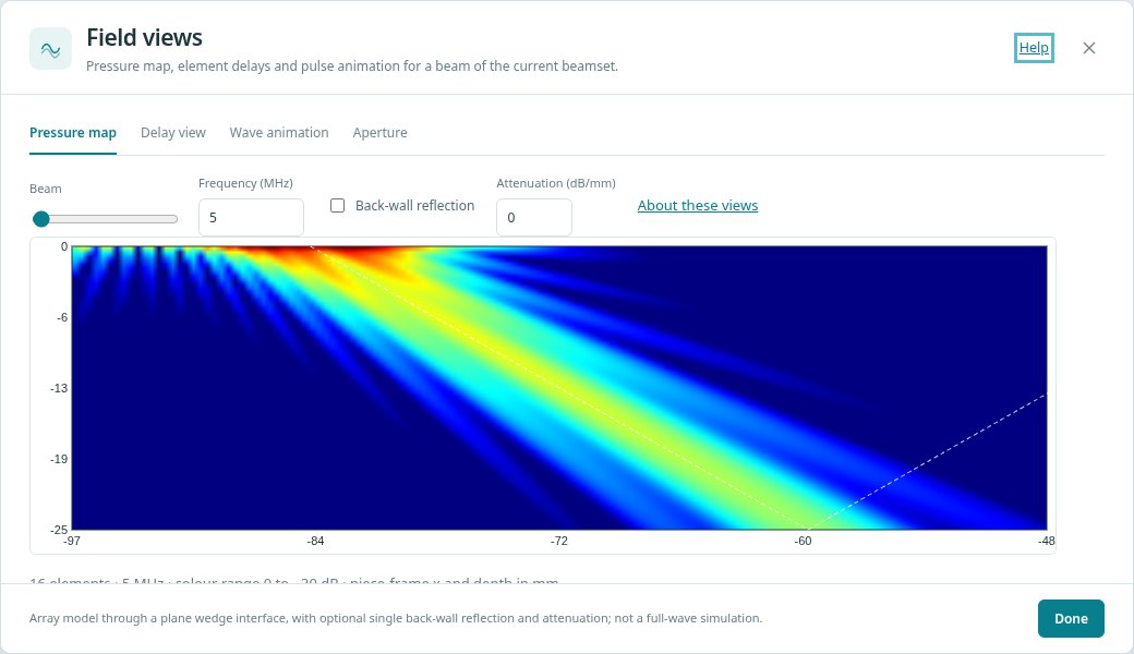 The Pressure map, delay view and wave animation dialog in the workbench
