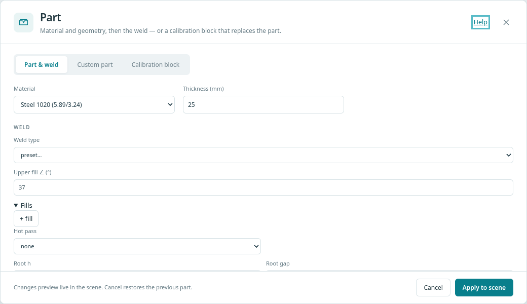 The Part and weld dialog in the workbench
