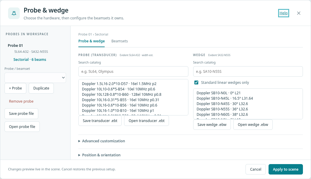 The Probe and wedge dialog in the workbench